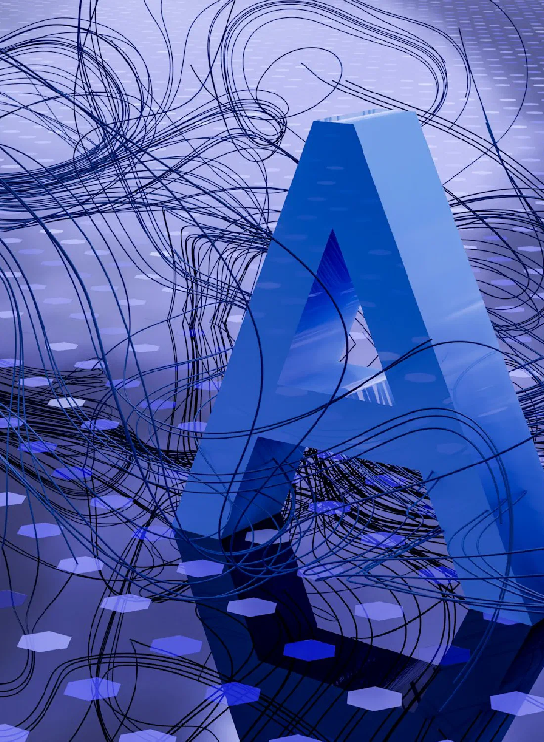 A blue three-dimensional AI monogram amid flowing data lines — practical AI for business