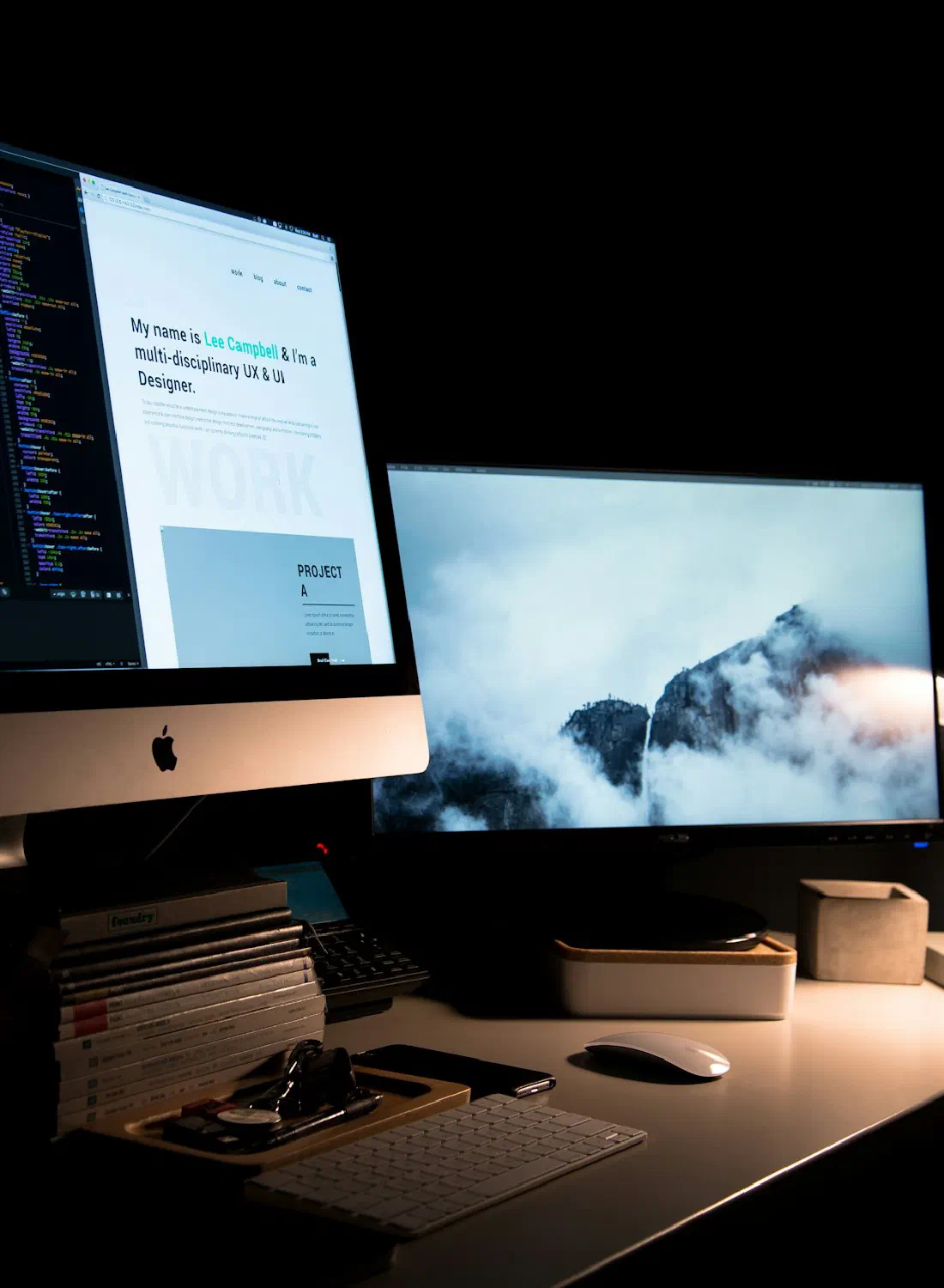 A designer's workstation at night — where brand and build come together